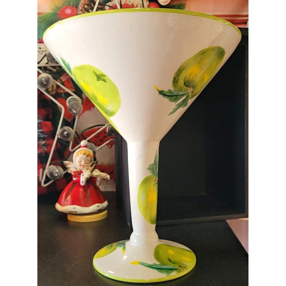 Unique Baum Bros Style-Eyes Hand Painted Large Martini Glass Apple Motif